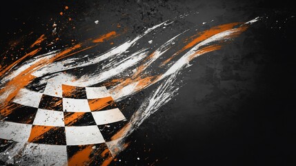 Poster - Checkered flag with paint splatter on dark background.