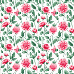 Wall Mural - Beautiful floral pattern with vibrant pink flowers and green leaves