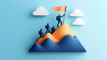 Wall Mural - reaching the summit: 3d render of a team climbing a stylized mountain, with a leader planting a flag