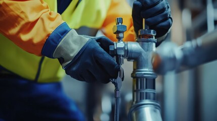 Wall Mural - A man in a yellow and black safety vest is working on a pipe