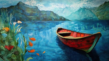 Wall Mural - Serene Lake Landscape with Red Rowboat