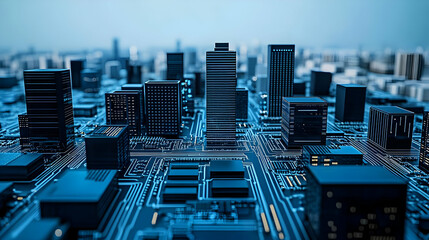 Wall Mural - 3D Cityscape on Circuit Board Illustration