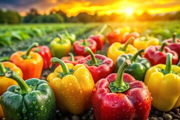 Wall Mural - Drone View: Dew-Kissed Bell Peppers, Vibrant Colors, Farm Fresh Produce