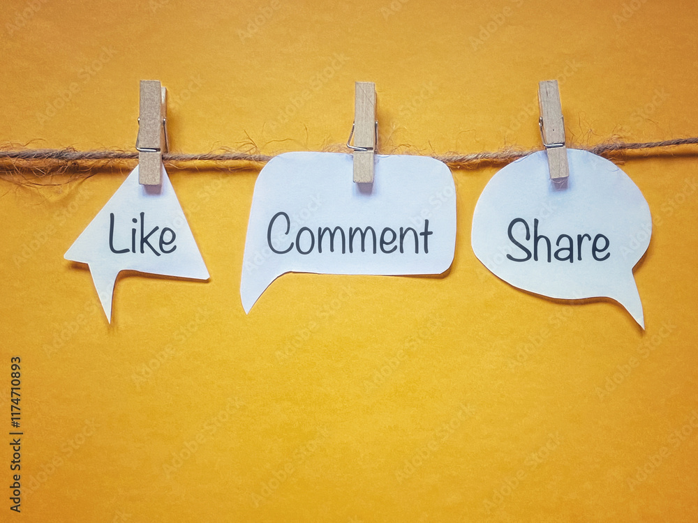 Social media concept. Like, comment, share text on speech bubble with ...
