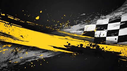 Fototapete - Abstract checkered flag graphic design with black and yellow brush strokes and splatters.