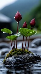 Wall Mural - A group of red flowers sitting on top of a rock in the water