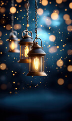 Wall Mural - Hanging lanterns with glowing lights and bokeh. Christmas and holiday concept
