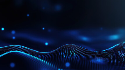 Wall Mural - Blue wave particles on dark background. Technology business concept