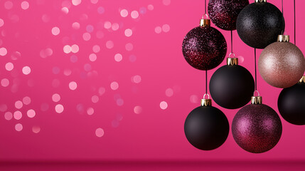 Wall Mural - Christmas balls in black and pink on pink background. Holiday celebration design