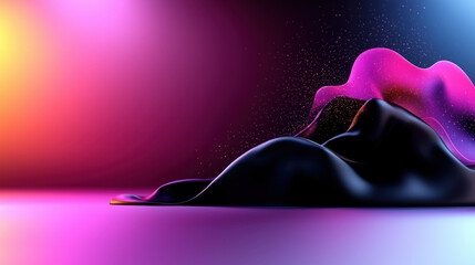 Wall Mural - Black waves with pink glow and stars on gradient background. Abstract design