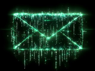 glowing email icon made of binary code numbers against dark background