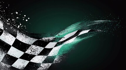 Poster - Checkered flag waving in motion with dark background.