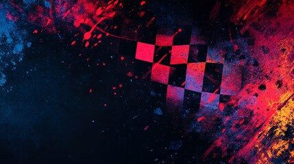Poster - Checkered flag graphic design with vibrant color splashes.