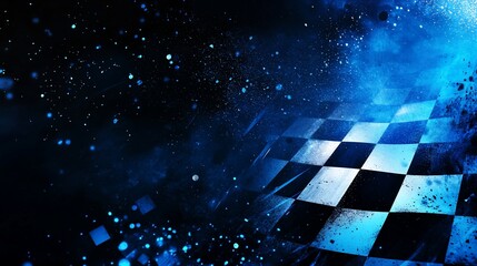 Fototapete - Abstract checkered flag design with a dark blue background and glowing effects.