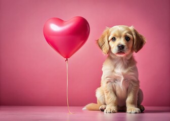 Wall Mural - Adorable Puppy with Heart Balloon - Valentine's Day Stock Photo