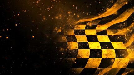 Poster - Checkered flag waving in fiery, golden light, with glowing particles.