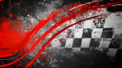 Fototapete - Grunge checkered racing flag background with red splatters.