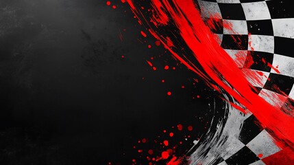 Wall Mural - Checkered flag with red paint splatters on dark background.