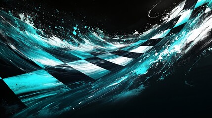 Fototapete - Abstract checkered flag with turquoise waves.