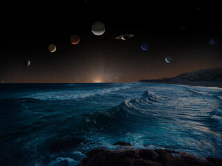 planetary parade over the sea