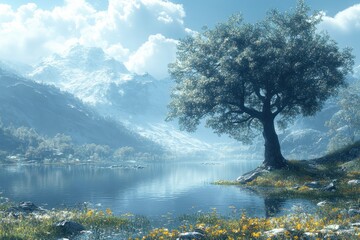 Wall Mural - Scenic lake with mountains and solitary tree surrounded by vibrant flowers on a clear day