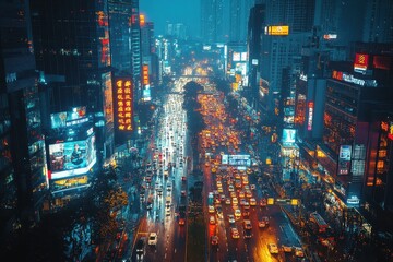 Vibrant cityscape at night showcasing bustling traffic and colorful neon lights in an urban center