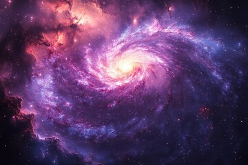 Swirling colors of a spiral galaxy showcasing vibrant shades of purple and pink in deep space