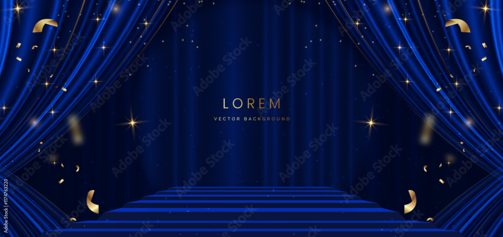 Debut Background Color Blue Stage blue curtain background. Golden confetti background. Celebration ...