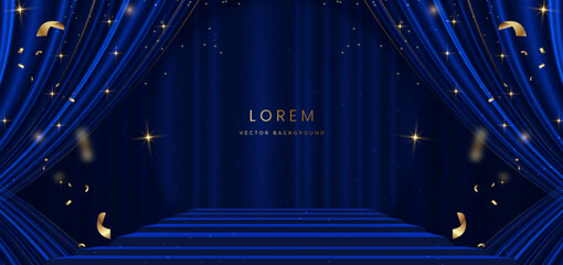 Wall Mural - Stage blue curtain background. Golden confetti  background. Celebration grand opening party happy concept.