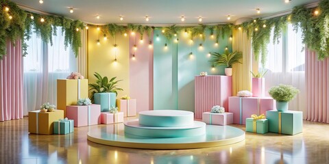 Wall Mural - Pastel-colored room with presents, plants, and a tiered display platform for product placement