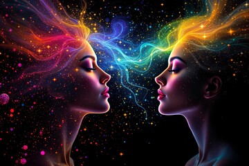 Wall Mural - Two female profiles facing each other with bright glowing hair in cosmic colors, swirls, sparkling stars on a dark background. Concept of cosmic harmony. Ai generative