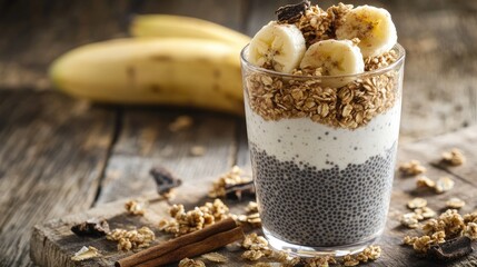 Wall Mural - A layered parfait in a glass with chia pudding, overnight oats, banana slices, granola, and a sprinkle of cinnamon, placed on a rustic wooden table