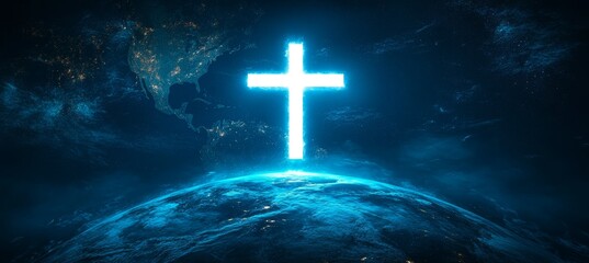 Wall Mural - Glowing blue Jesus Cross. Religion faith worship spirituality concept. Generative AI technology.	
