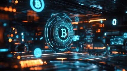 Futuristic Bitcoin Hologram Displays Cryptocurrency Technology
