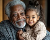 Happy grandfather and granddaughter embrace.