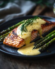 Wall Mural - Delicious grilled salmon fillet with creamy sauce and fresh asparagus on a rustic plate.