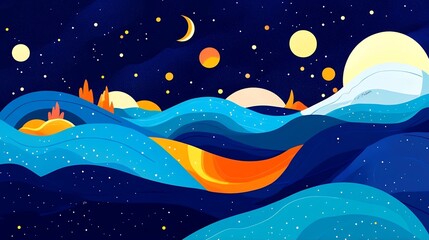 Wall Mural - Abstract Night Sky Landscape Blue Waves and Celestial Bodies