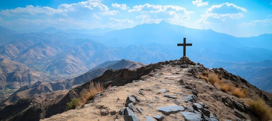 Wall Mural - Jesus Cross symbol and mountain landscape view. Religion faith worship spirituality concept. Generative AI technology.	
