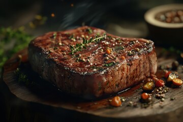 Wall Mural - Juicy grilled steak on wooden board garnished with fresh herbs and spices.