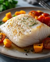 Wall Mural - A beautifully cooked fillet of fish with roasted cherry tomatoes and squash on a plate.