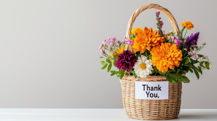 Wall Mural - beautiful flower basket filled with vibrant blooms, expressing gratitude with Thank You note. Perfect for gifting or decoration