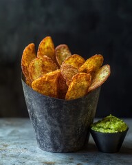 Wall Mural - Crispy golden potato chips served with a vibrant green dip, creating a delicious snack experience.