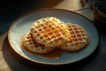 Wall Mural - Golden waffles drizzled with syrup, served on a rustic plate, capturing a warm and inviting breakfast scene.