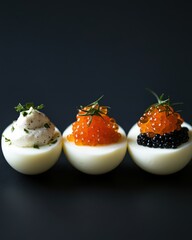 Wall Mural - Three elegant hors d'oeuvres featuring creamy toppings and luxurious caviar on a dark background.