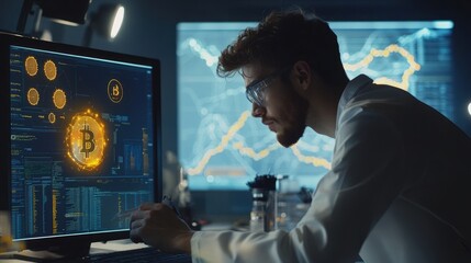 Man analyzes bitcoin data on computer screen