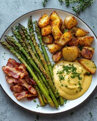 Wall Mural - Delicious plate of grilled asparagus, crispy bacon, roasted potatoes, and creamy mustard sauce.