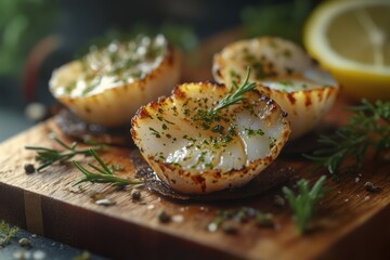 Wall Mural - Delicious grilled scallops garnished with herbs and lemon, served on a wooden board.