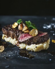 Wall Mural - Gourmet dish featuring perfectly cooked steak, garlic, and gold leaf atop creamy mashed potatoes.