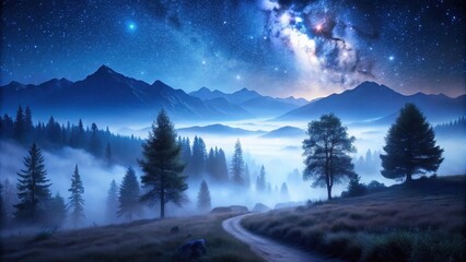 Wall Mural - Serene Nighttime Vista Winding Road Through Misty Forest, Majestic Mountains, and Starry Sky
