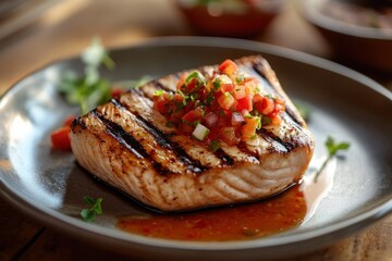 Wall Mural - Delicious grilled salmon topped with fresh salsa, served on a gray plate. A mouthwatering dish showcasing vibrant colors.